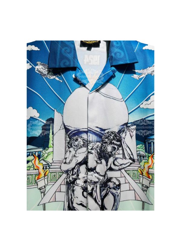 &Aacute;o sơ mi in họa tiết đi&ecirc;u khắc Baroque m&agrave;u xanh nhạt | Khu nghỉ dưỡng Light Luxe ngắn hạn