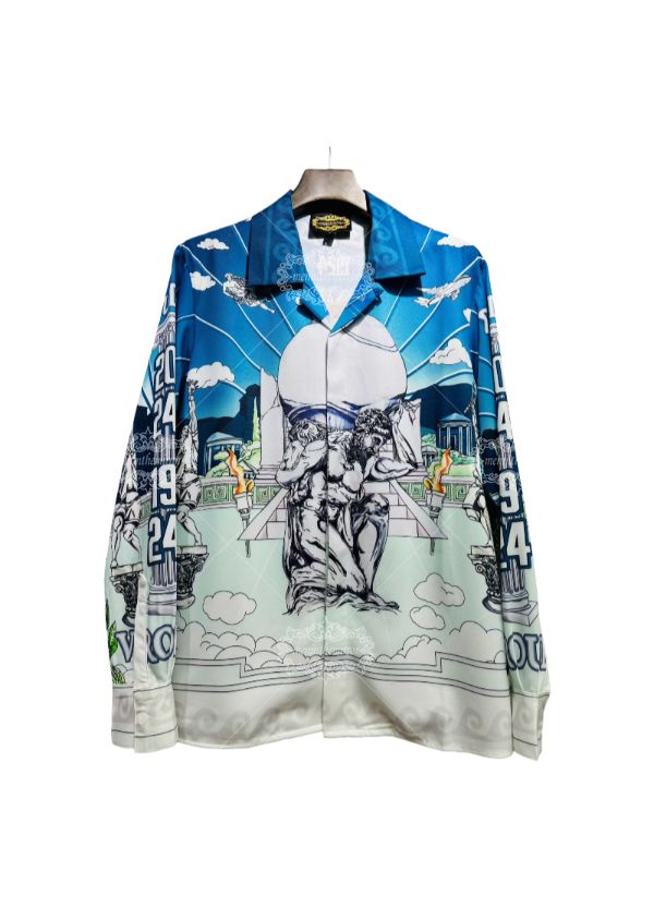 &Aacute;o sơ mi in họa tiết đi&ecirc;u khắc Baroque m&agrave;u xanh nhạt | Khu nghỉ dưỡng Light Luxe ngắn hạn