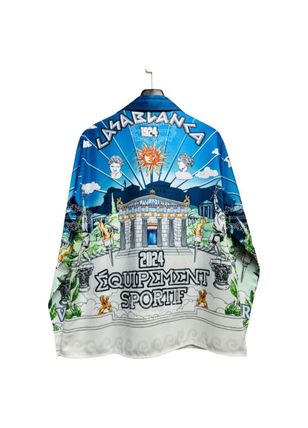 &Aacute;o sơ mi in họa tiết đi&ecirc;u khắc Baroque m&agrave;u xanh nhạt | Khu nghỉ dưỡng Light Luxe ngắn hạn