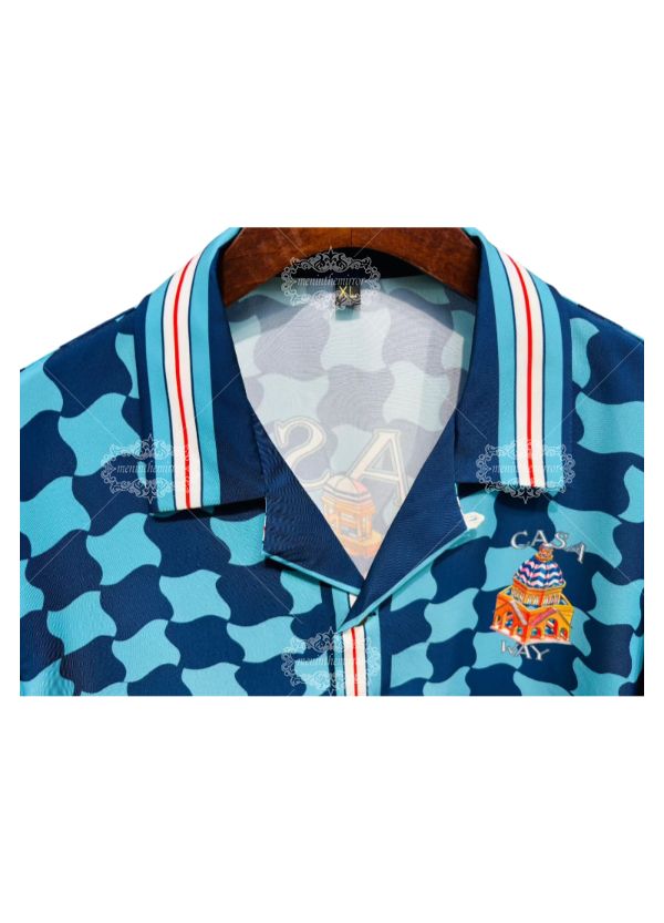 &Aacute;o sơ mi in họa tiết h&igrave;nh học Địa Trung Hải | Khu nghỉ dưỡng kiến tr&uacute;c Aqua Blue