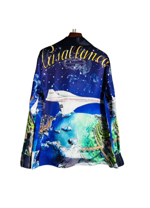 &Aacute;o sơ mi sang trọng in h&igrave;nh cảnh quan th&agrave;nh phố to&agrave;n cầu | Nghệ thuật du lịch bằng lụa-Satin d&agrave;i