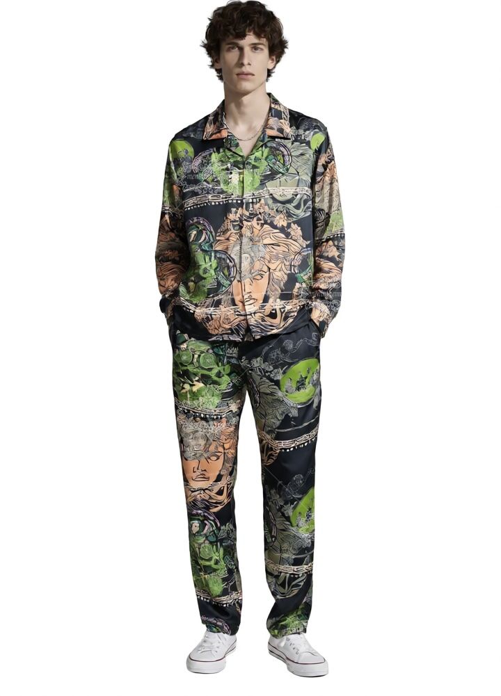 &Aacute;o sơ mi tay ngắn in h&igrave;nh huy chương kiểu Baroque sang trọng | Trang phục đi nghỉ m&aacute;t d&agrave;nh cho nam tho&aacute;ng kh&iacute; bằng lụa