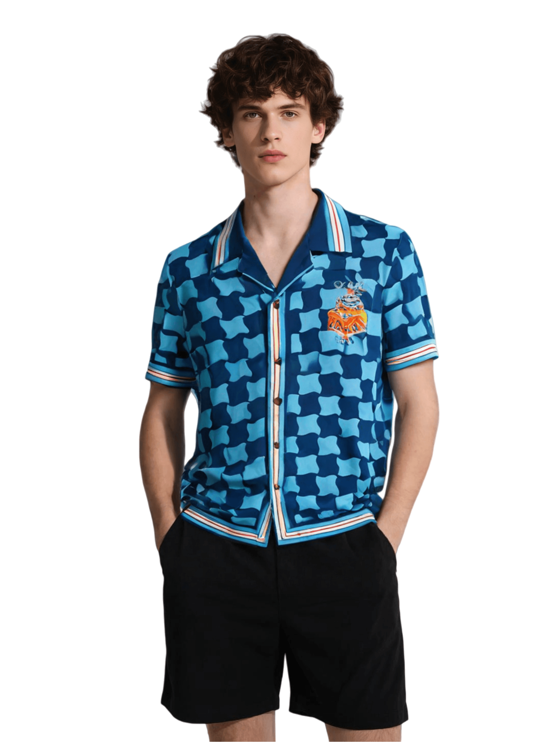 &Aacute;o sơ mi in họa tiết h&igrave;nh học Địa Trung Hải | Khu nghỉ dưỡng kiến tr&uacute;c Aqua Blue