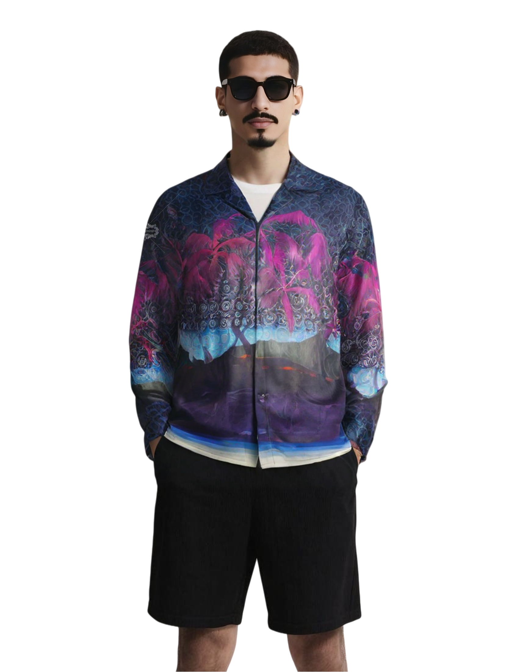 &Aacute;o sơ mi d&agrave;i tay in h&igrave;nh c&acirc;y cọ neon rực rỡ | Trang phục nghỉ dưỡng sang trọng