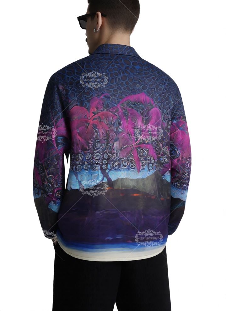 &Aacute;o sơ mi d&agrave;i tay in h&igrave;nh c&acirc;y cọ neon rực rỡ | Trang phục nghỉ dưỡng sang trọng