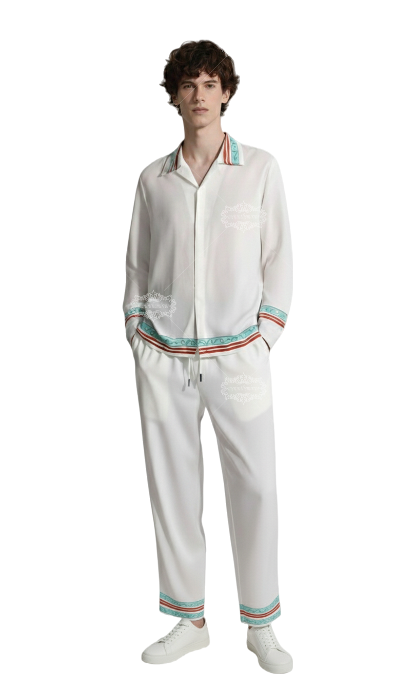 &Aacute;o sơ mi d&agrave;i tay viền s&oacute;ng ven biển | Khu nghỉ dưỡng Retro thường ng&agrave;y m&agrave;u trắng