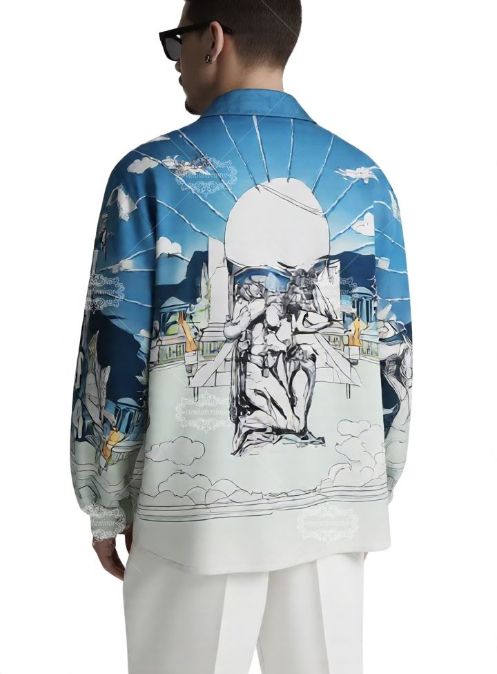 &Aacute;o sơ mi in họa tiết đi&ecirc;u khắc Baroque m&agrave;u xanh nhạt | Khu nghỉ dưỡng Light Luxe ngắn hạn