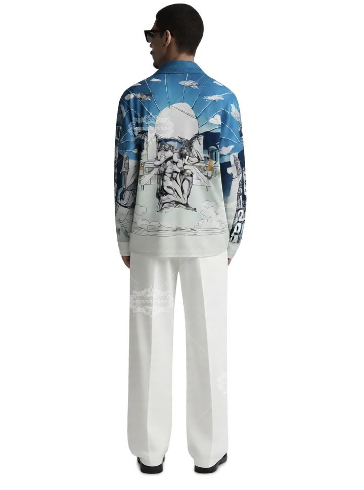 &Aacute;o sơ mi in họa tiết đi&ecirc;u khắc Baroque m&agrave;u xanh nhạt | Khu nghỉ dưỡng Light Luxe ngắn hạn