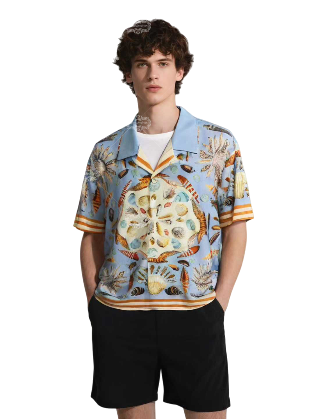 &Aacute;o sơ mi in h&igrave;nh vỏ s&ograve; biển m&agrave;u xanh nhạt | Khu nghỉ dưỡng ngắn cổ điển