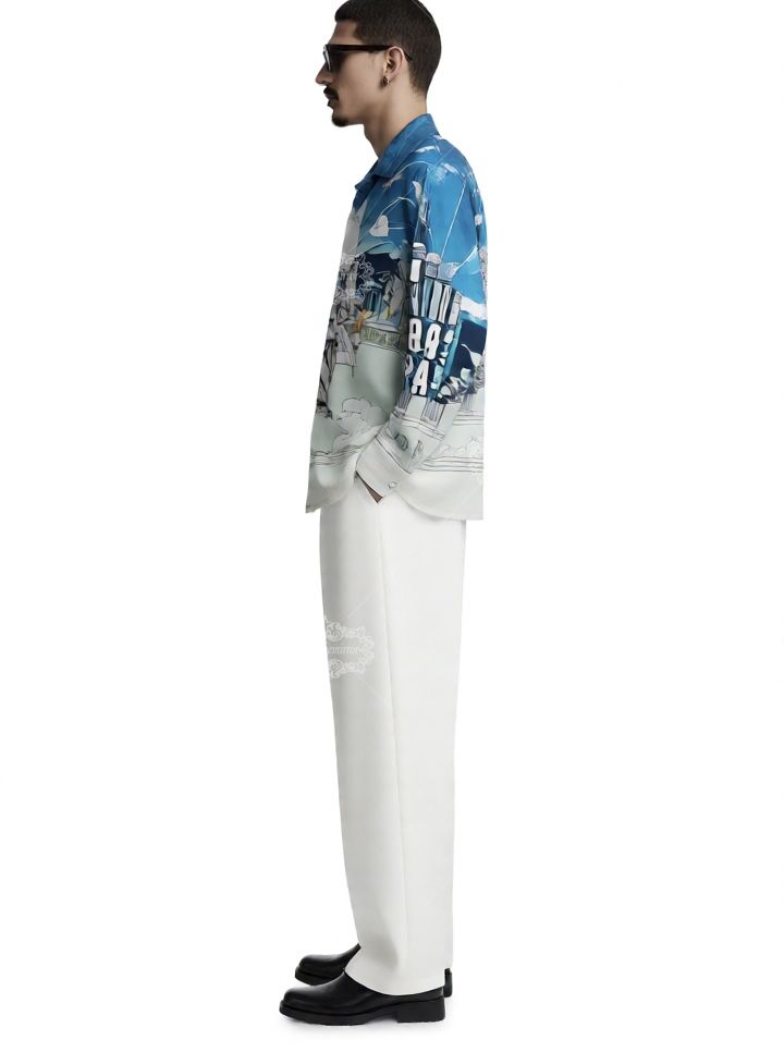 &Aacute;o sơ mi in họa tiết đi&ecirc;u khắc Baroque m&agrave;u xanh nhạt | Khu nghỉ dưỡng Light Luxe ngắn hạn