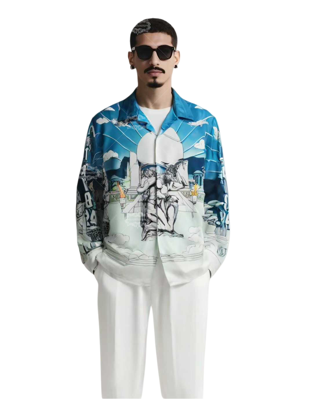 &Aacute;o sơ mi in họa tiết đi&ecirc;u khắc Baroque m&agrave;u xanh nhạt | Khu nghỉ dưỡng Light Luxe ngắn hạn